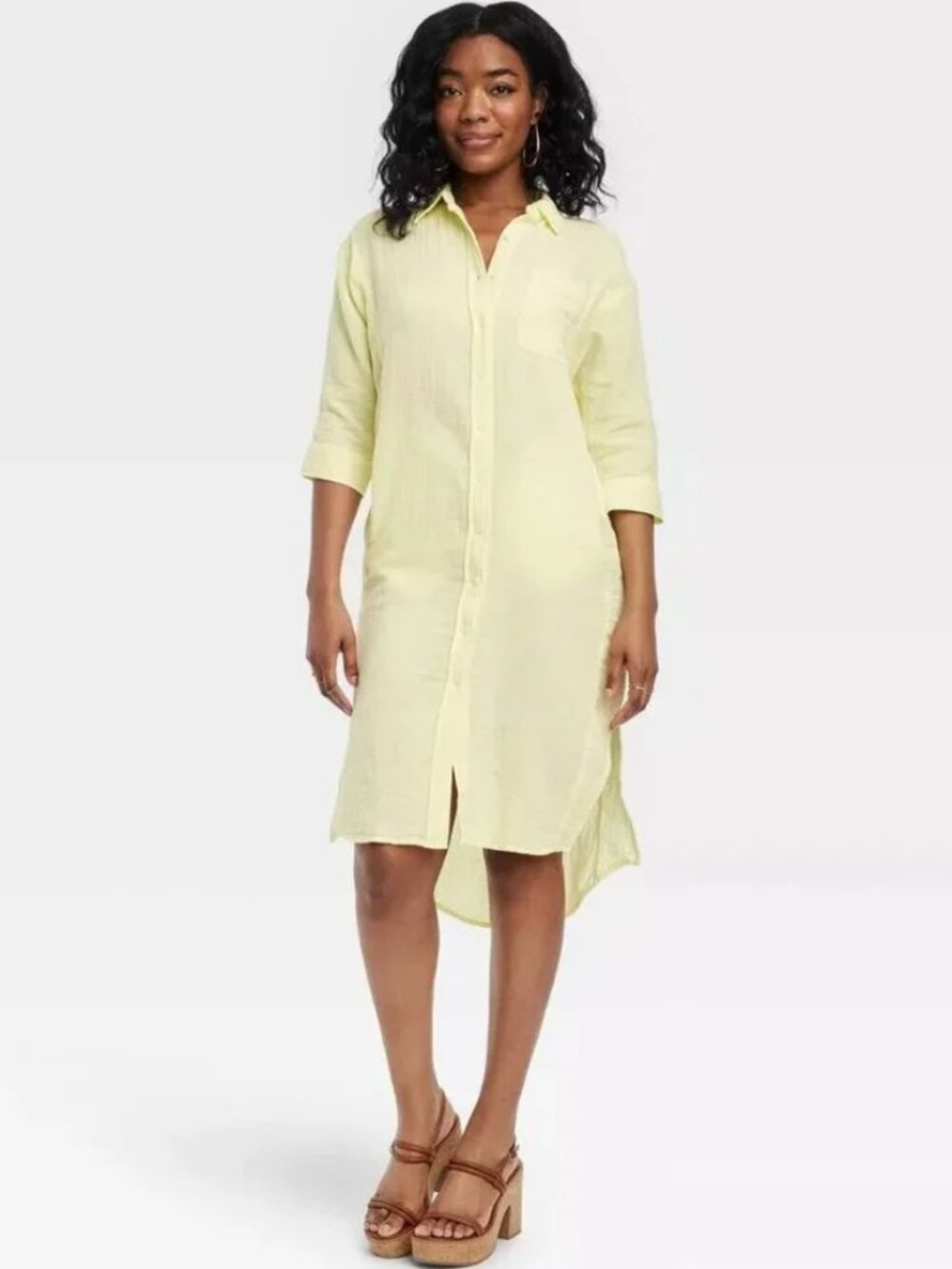 Universal Thread Yellow Cotton Gauze Muslin Elbow Sleeve Button Down Shirt Dress
